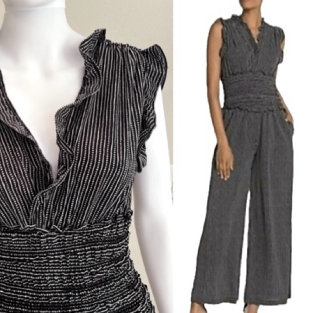 Max Studio Sleeveless Ruffle Wide Leg Jumpsuit Size Small Smocked Stripe Dot